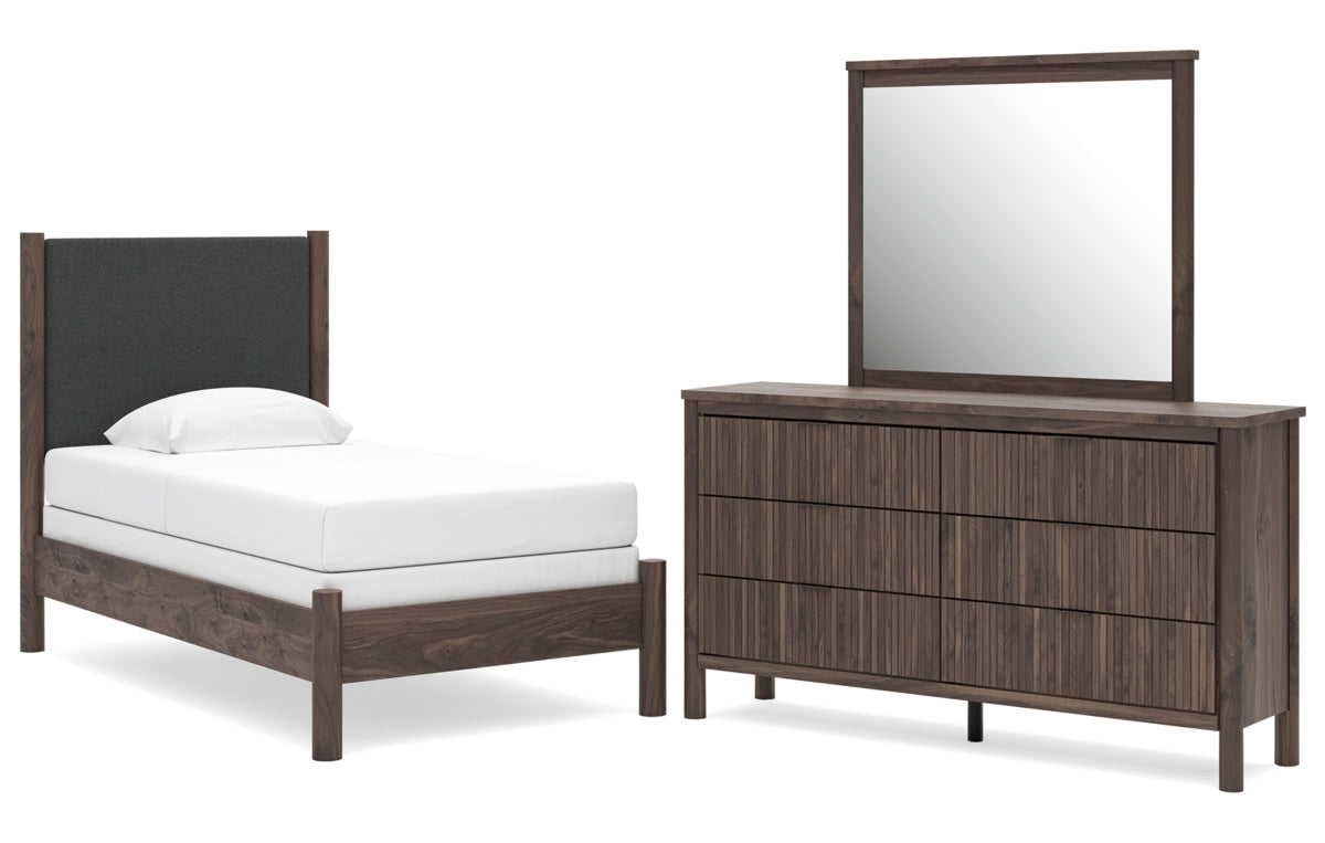 Pamytta Twin Upholstered Panel Bed, Dresser and Mirror