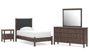 Pamytta Twin Upholstered Panel Platform Bed, Dresser, Mirror and Nightstand