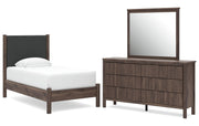 Pamytta Twin Upholstered Panel Platform Bed, Dresser and Mirror