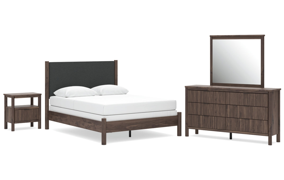 Pamytta Queen Upholstered Panel Bed, Dresser, Mirror and Nightstand