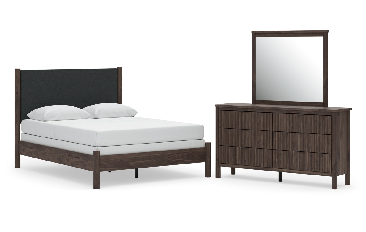 Pamytta Queen Upholstered Panel Bed, Dresser and Mirror