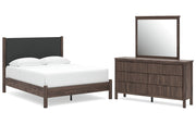 Pamytta Queen Upholstered Panel Platform Bed, Dresser and Mirror
