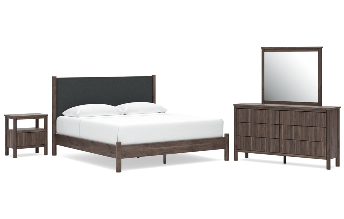 Pamytta King Upholstered Panel Platform Bed, Dresser, Mirror and Nightstand