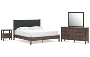 Pamytta King Upholstered Panel Platform Bed, Dresser, Mirror and Nightstand