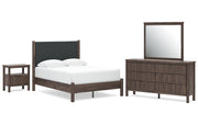 Pamytta Full Upholstered Panel Platform Bed, Dresser, Mirror and Nightstand