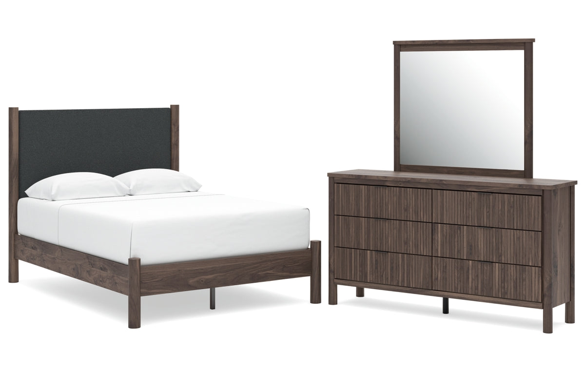Pamytta Full Upholstered Panel Platform Bed, Dresser and Mirror