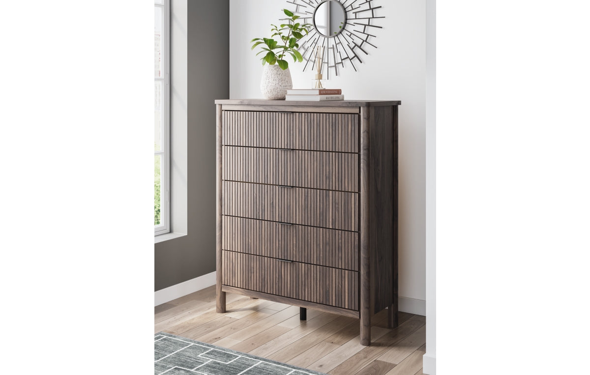 Pamytta Queen Upholstered Panel Bed, Dresser, Mirror, Chest and Nightstand