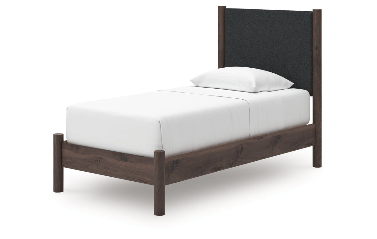 Pamytta Twin Upholstered Panel Platform Bed, Dresser and Mirror