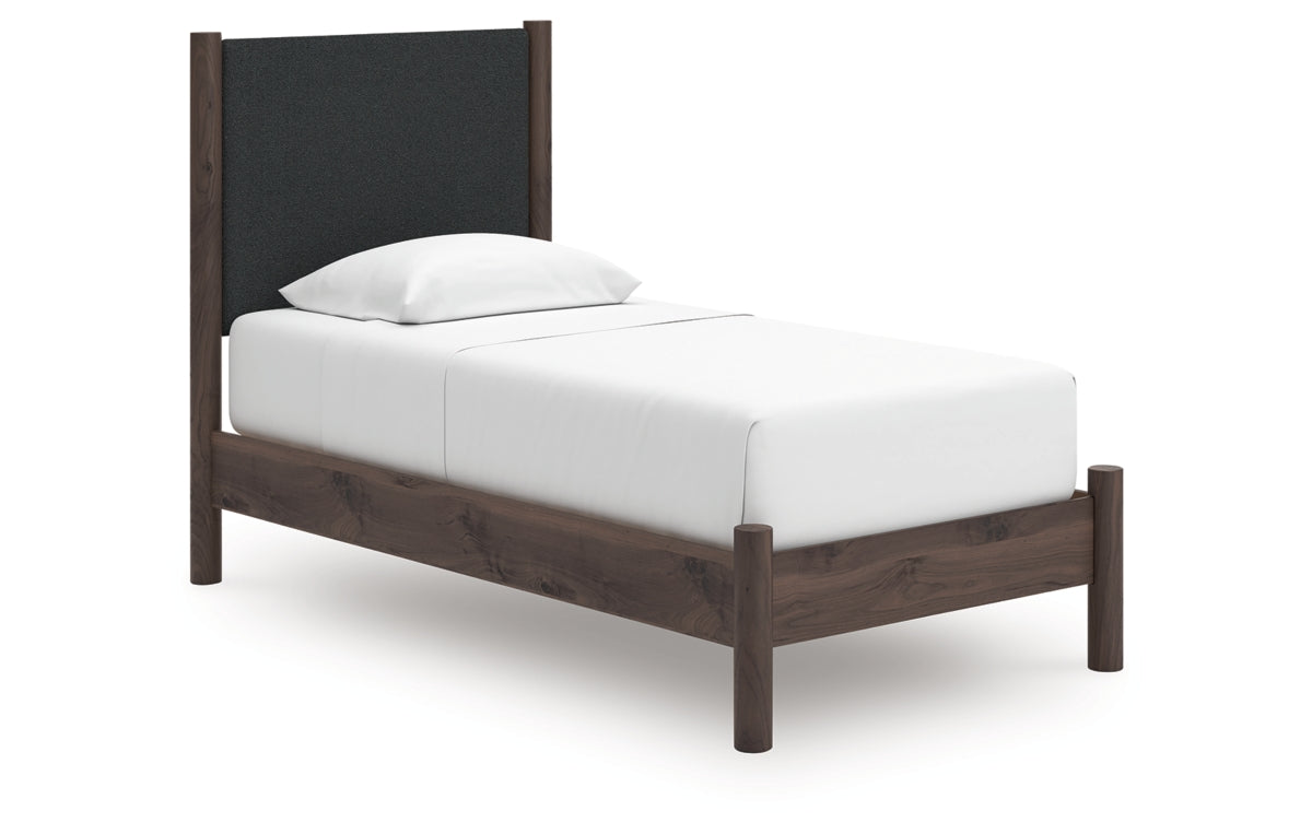 Pamytta Twin Upholstered Panel Platform Bed, Dresser, Mirror, Chest and Nightstand
