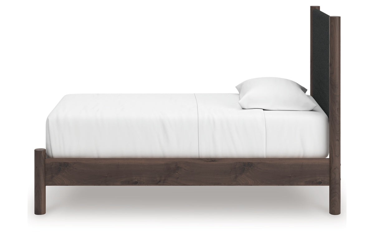 Pamytta Twin Upholstered Panel Platform Bed, Dresser, Mirror and Nightstand