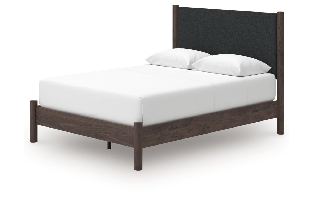 Pamytta Queen Upholstered Panel Platform Bed, Dresser, Mirror and Nightstand