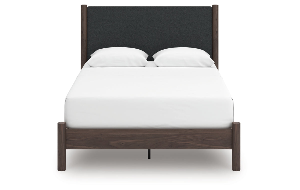 Pamytta Queen Upholstered Panel Platform Bed, Dresser, Mirror and Nightstand
