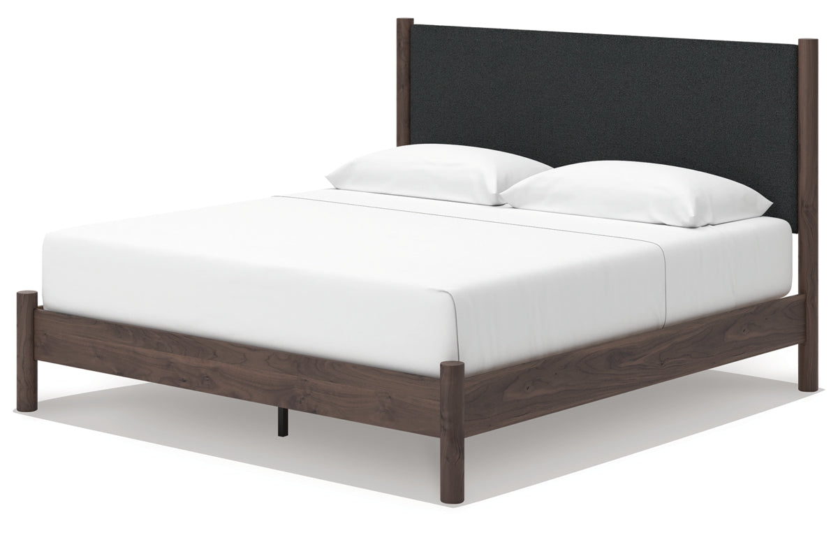 Pamytta King Upholstered Panel Platform Bed, Dresser and Mirror