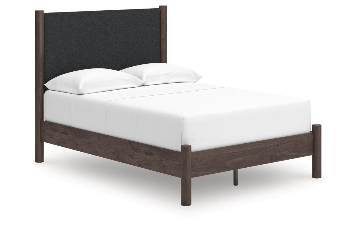 Pamytta Full Upholstered Panel Platform Bed, Dresser, Mirror and Chest