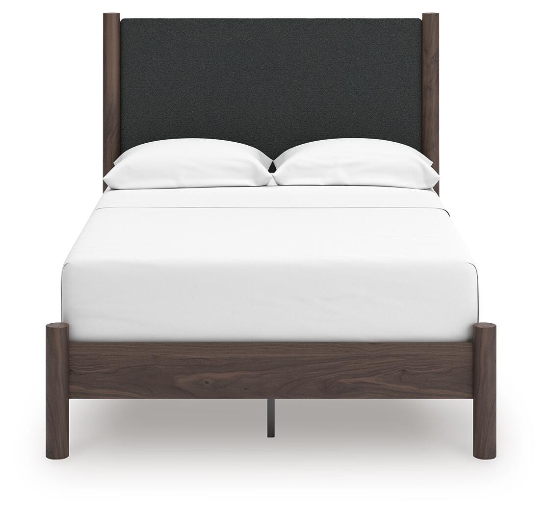 Pamytta Full Upholstered Panel Platform Bed, Dresser, Mirror and Nightstand
