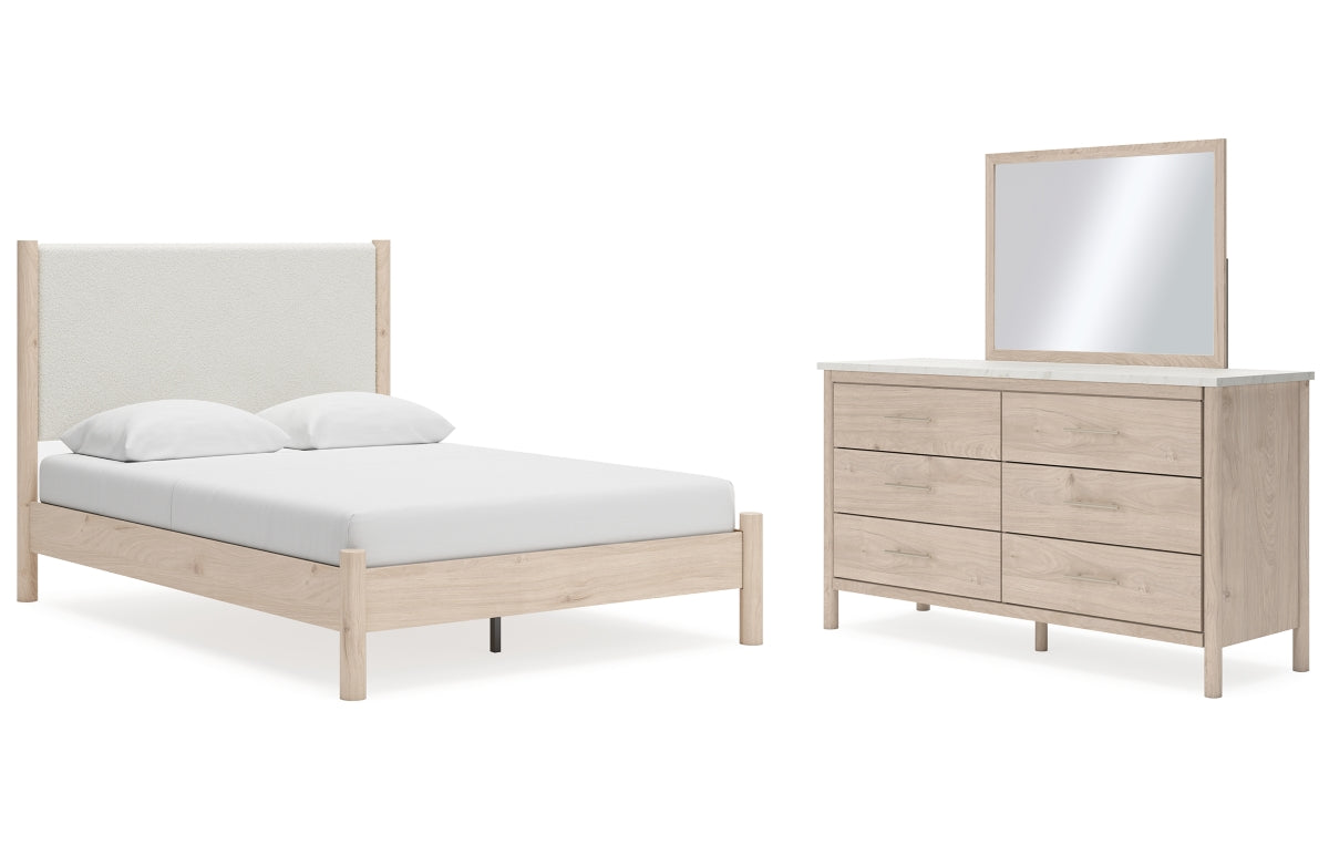 Cadmori Queen Upholstered Panel Bed with Mirrored Dresser