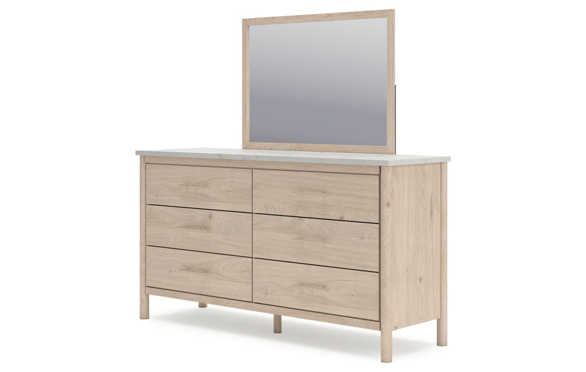 Cadmori Queen Upholstered Panel Bed with Mirrored Dresser and Nightstand