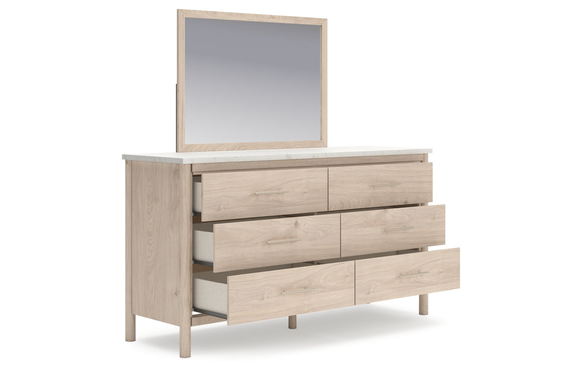 Cadmori Queen Upholstered Panel Bed with Mirrored Dresser