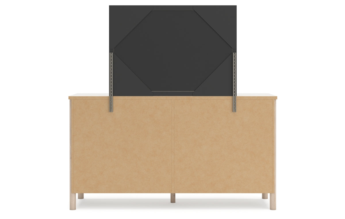 Cadmori Queen Upholstered Panel Bed with Mirrored Dresser and Nightstand