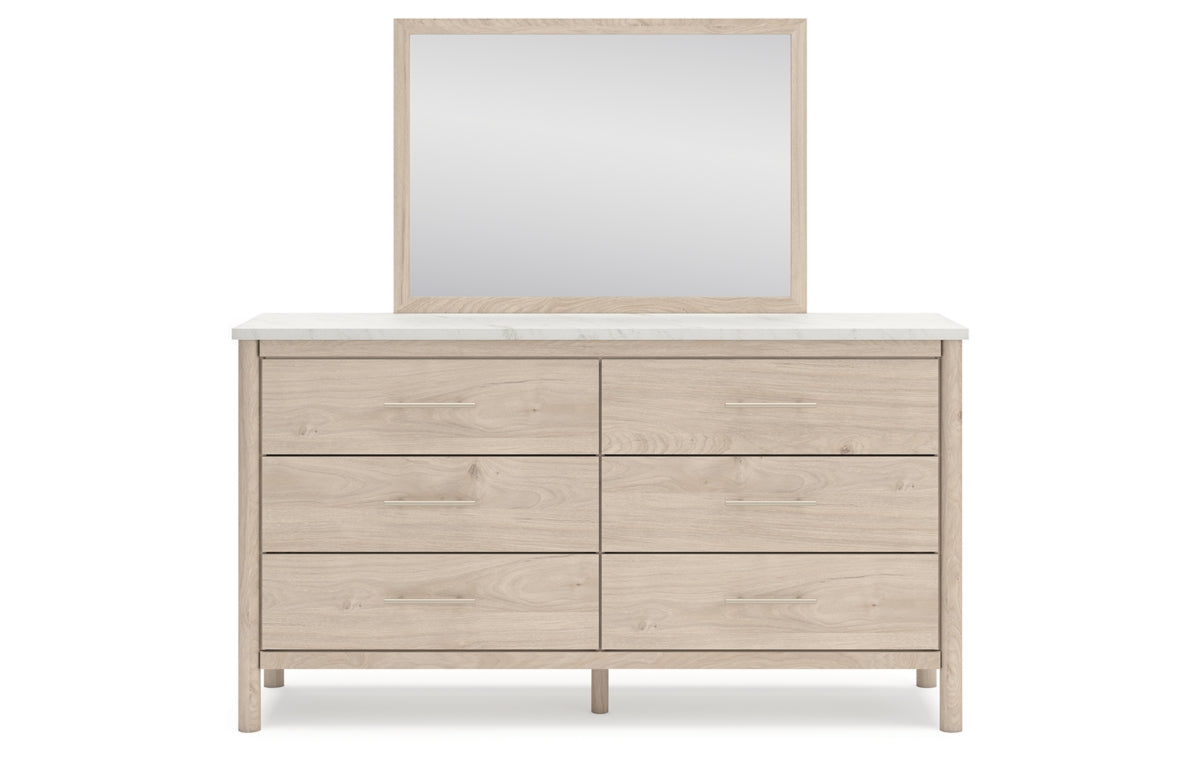 Cadmori Queen Upholstered Panel Bed with Mirrored Dresser, Chest and Nightstand