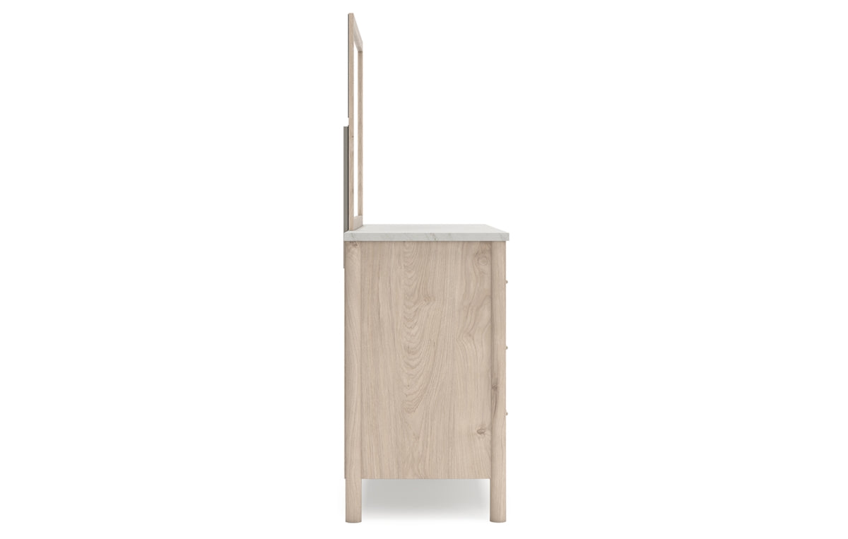 Cadmori Queen Upholstered Panel Bed with Mirrored Dresser, Chest and Nightstand
