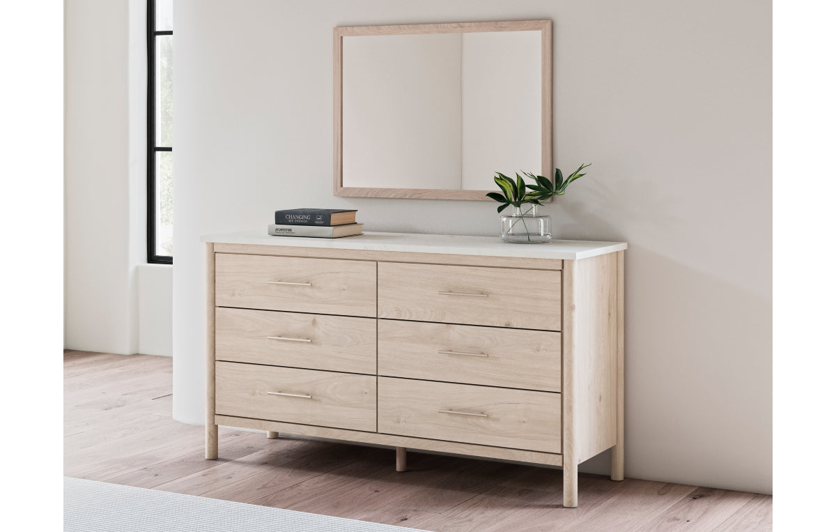 Cadmori Queen Upholstered Panel Bed with Mirrored Dresser and Nightstand
