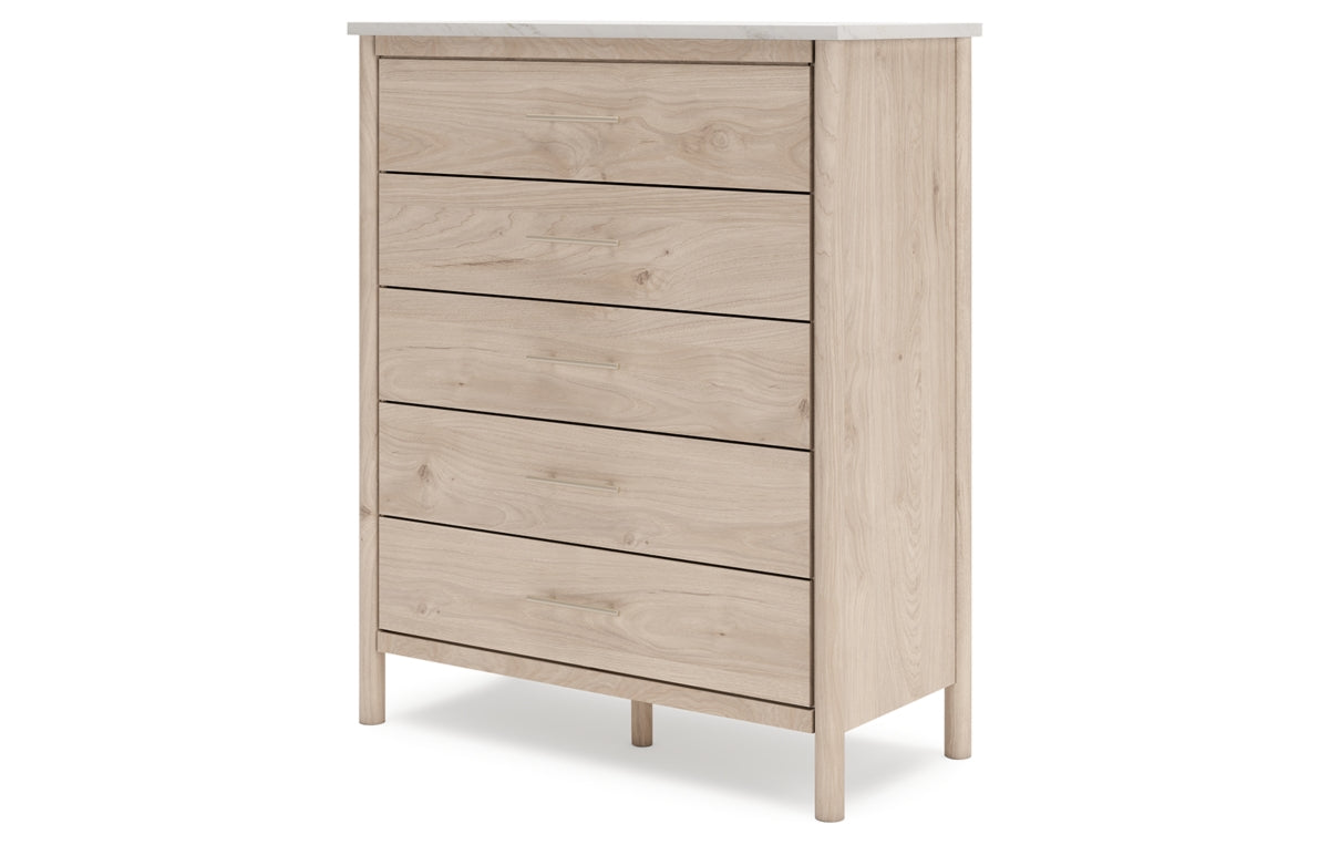 Cadmori Queen Upholstered Panel Bed with Mirrored Dresser and Chest