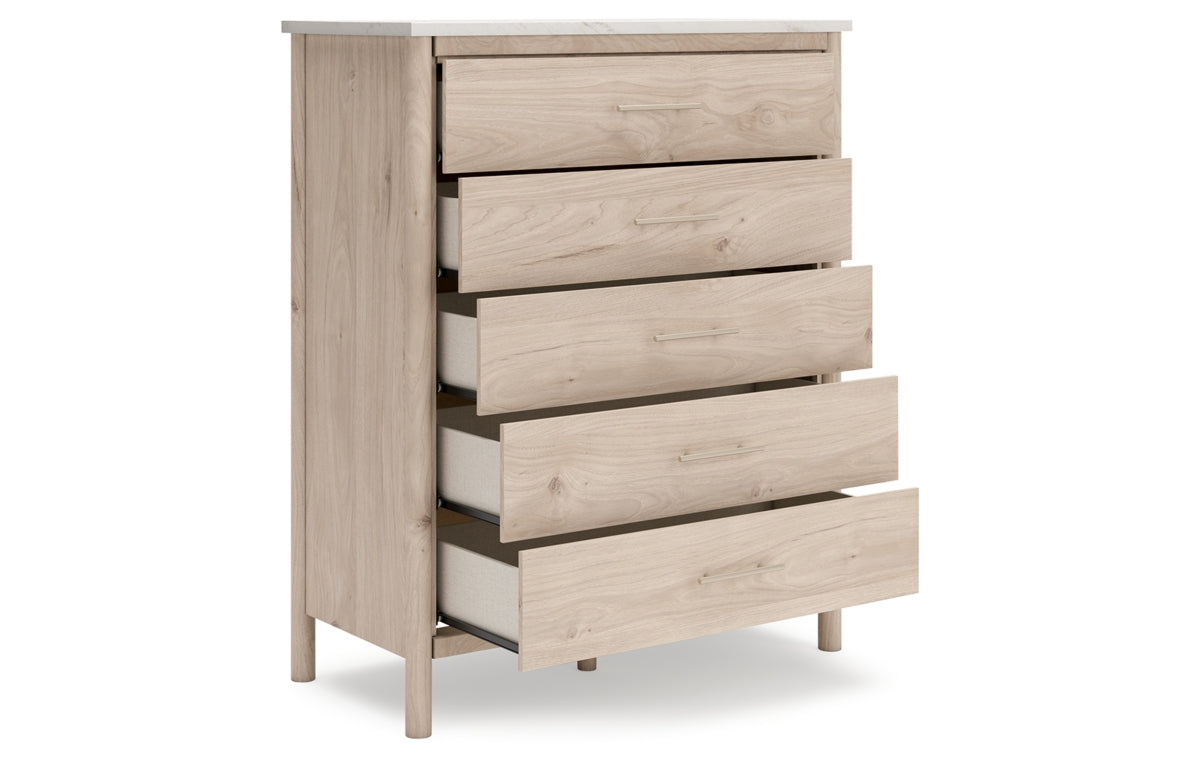 Cadmori Queen Upholstered Panel Bed with Mirrored Dresser and Chest