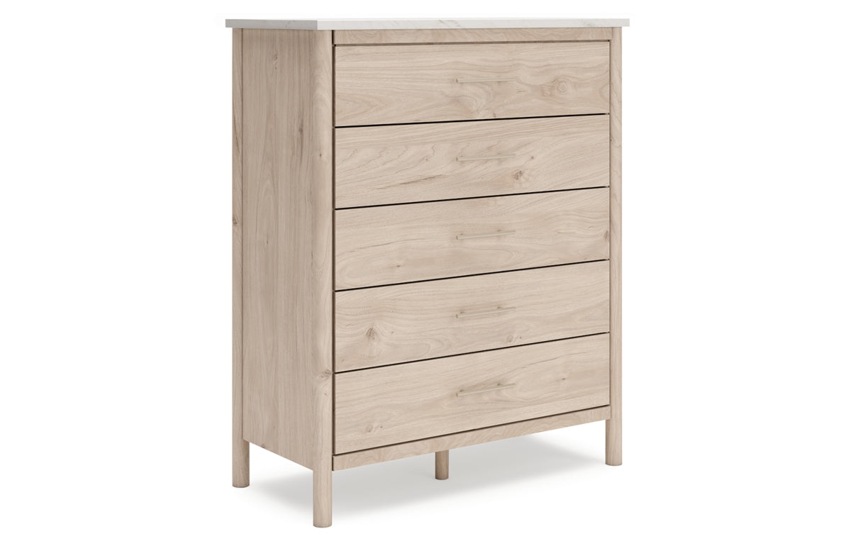 Cadmori Queen Upholstered Panel Bed with Mirrored Dresser and Chest