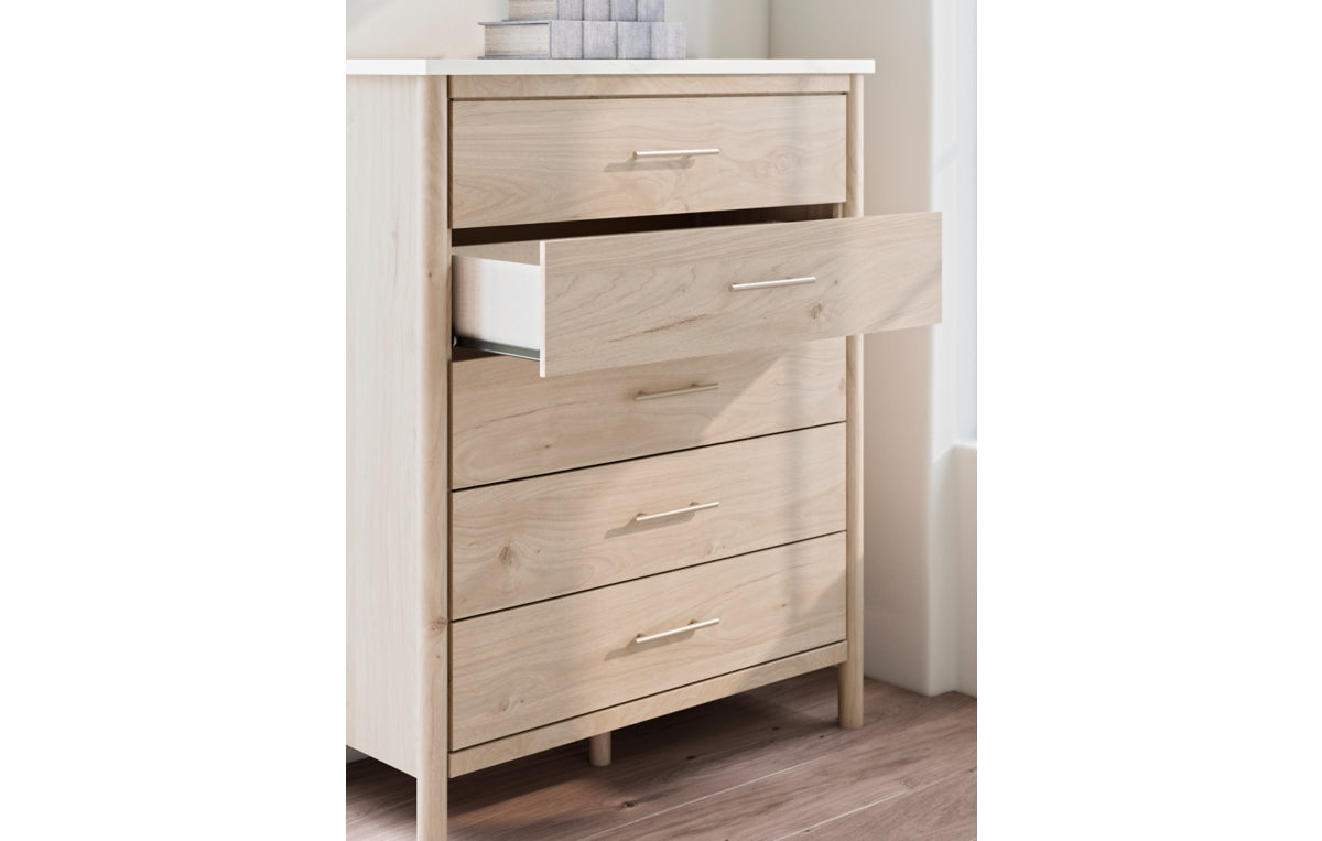 Cadmori Queen Upholstered Panel Bed with Mirrored Dresser and Chest