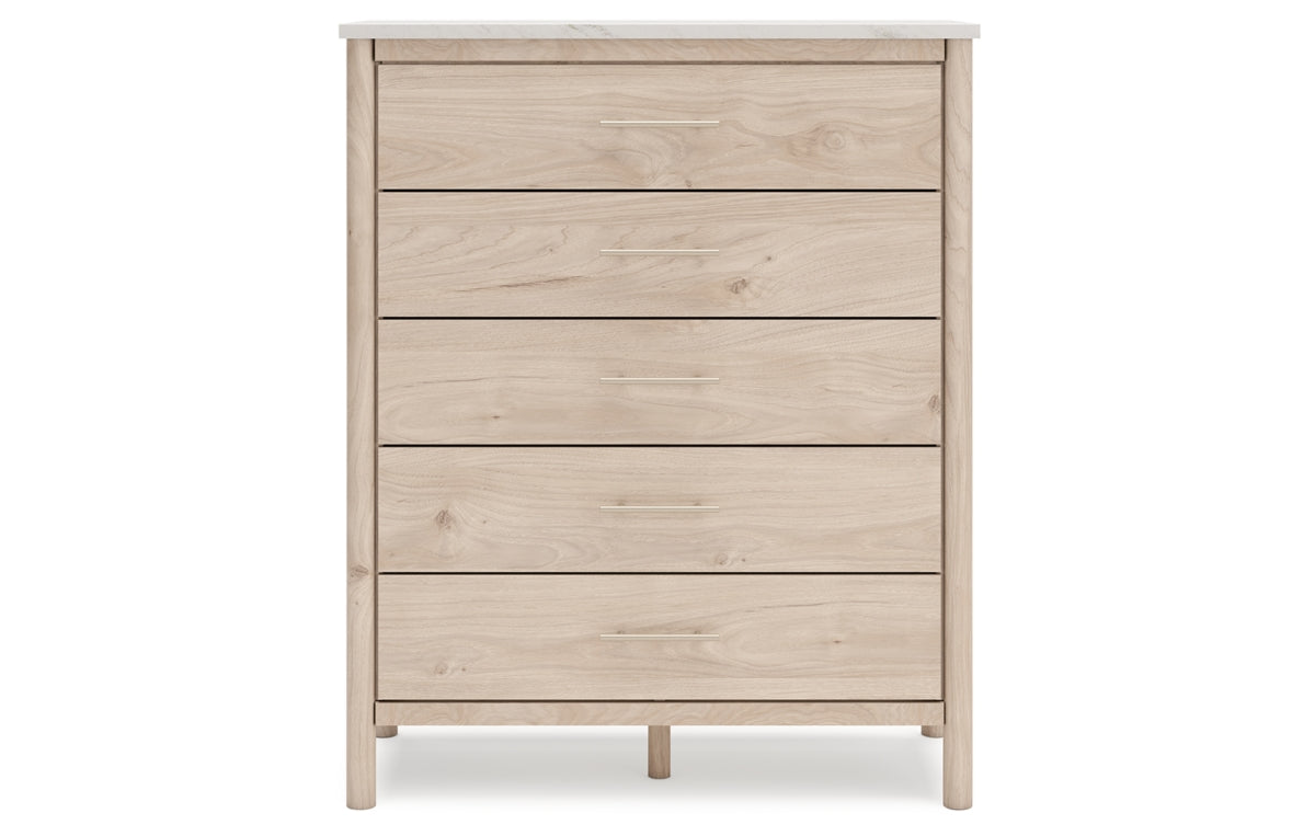 Cadmori Queen Upholstered Panel Bed with Mirrored Dresser and Chest