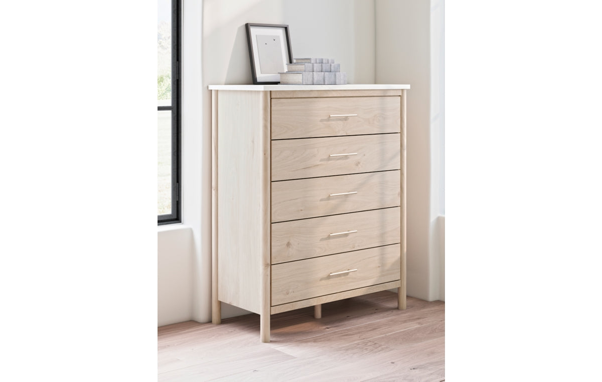 Cadmori Queen Upholstered Panel Bed with Mirrored Dresser and Chest