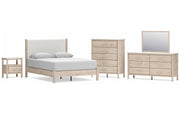 Cadmori Queen Upholstered Panel Bed with Mirrored Dresser, Chest and Nightstand