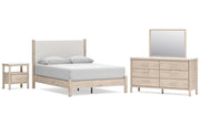 Cadmori Queen Upholstered Panel Bed with Mirrored Dresser and Nightstand