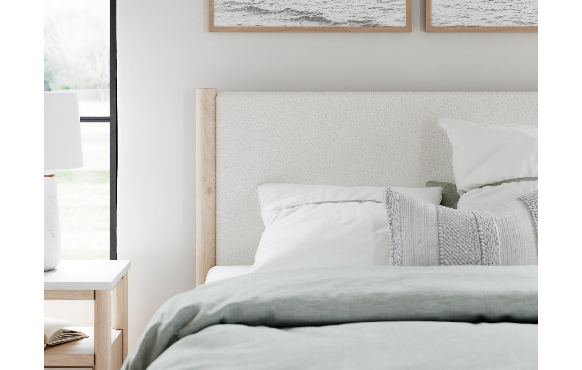 Cadmori Queen Upholstered Panel Bed with Mirrored Dresser and Nightstand