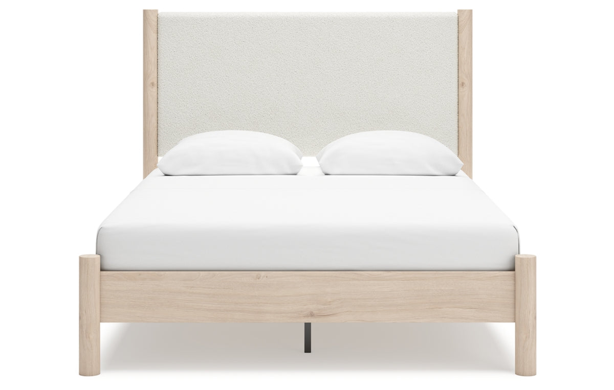 Cadmori Queen Upholstered Panel Bed with Mirrored Dresser, Chest and Nightstand
