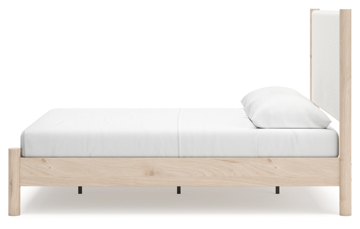 Cadmori Queen Upholstered Panel Bed with Mirrored Dresser, Chest and Nightstand