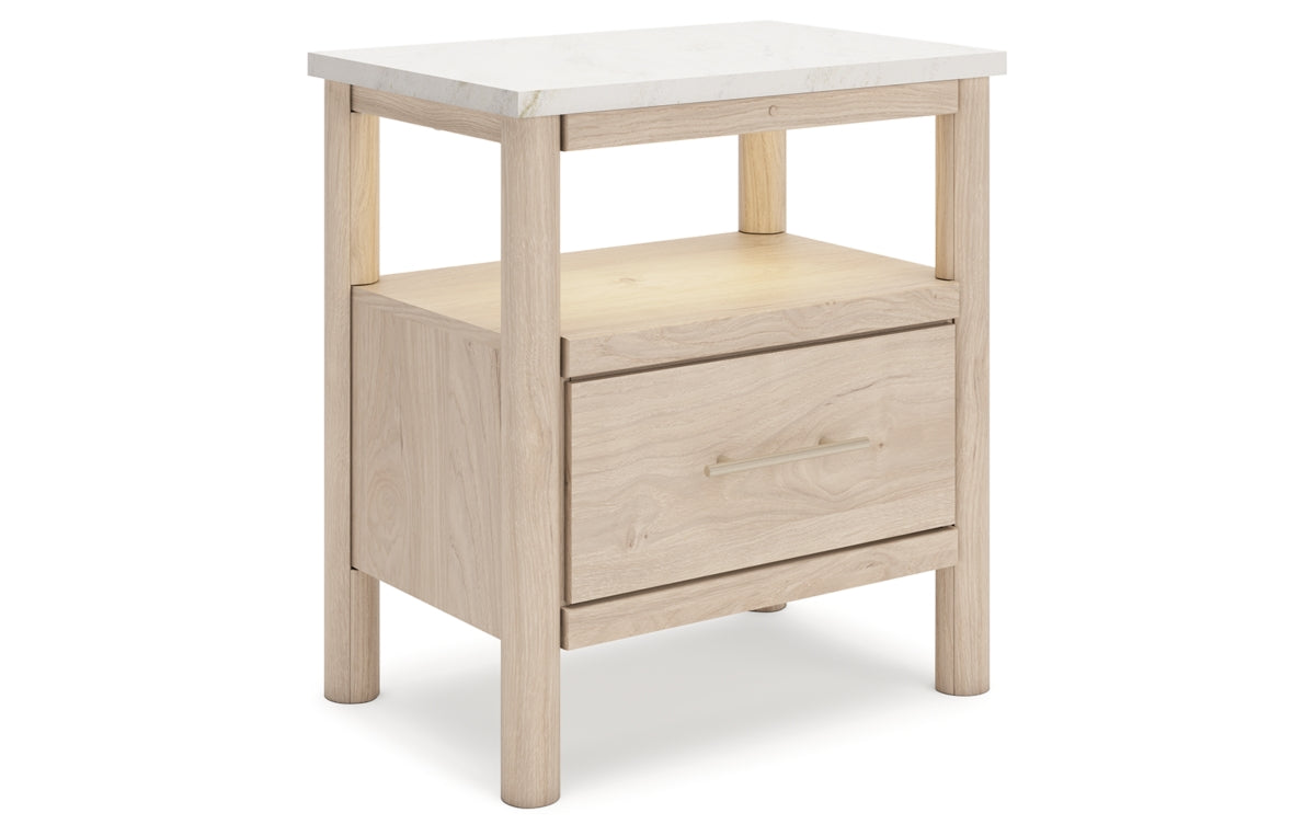 Cadmori Queen Upholstered Panel Bed with Mirrored Dresser and Nightstand
