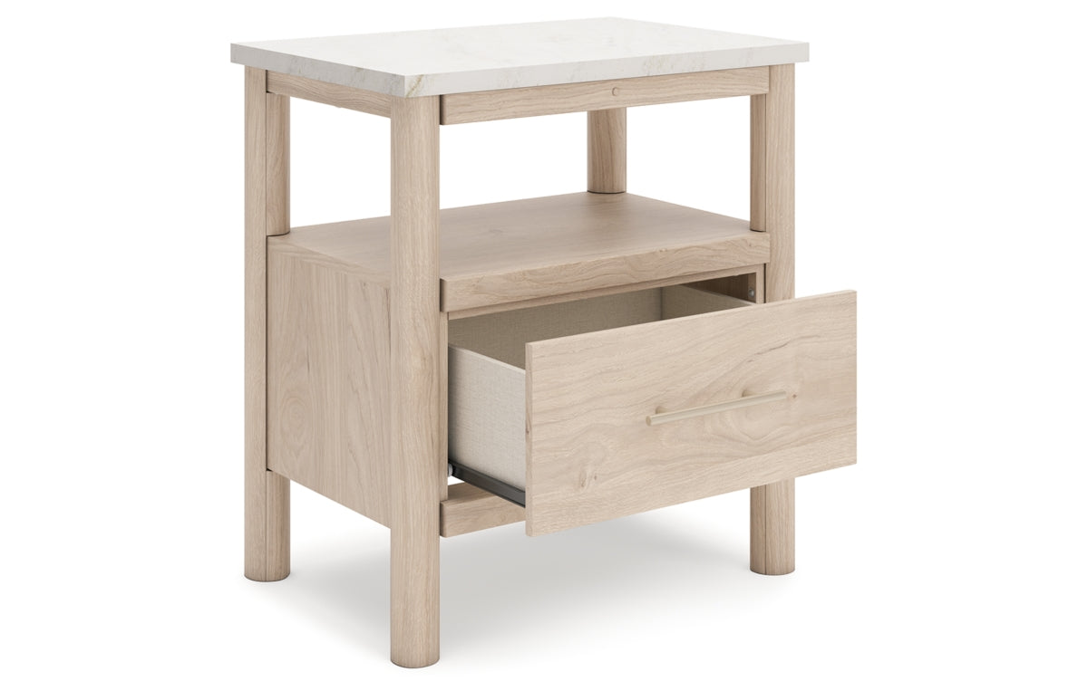 Cadmori Queen Upholstered Panel Bed with Mirrored Dresser and Nightstand
