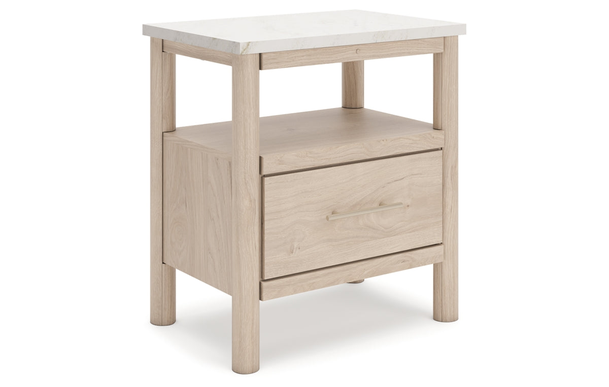 Cadmori Queen Upholstered Panel Bed with Mirrored Dresser, Chest and Nightstand
