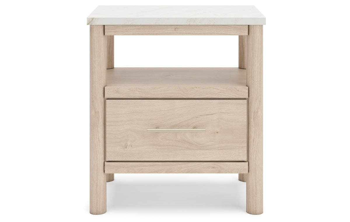 Cadmori Queen Upholstered Panel Bed with Mirrored Dresser, Chest and Nightstand