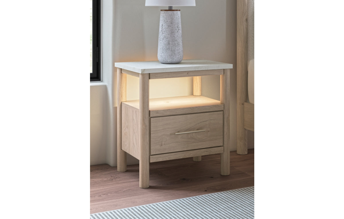 Cadmori Queen Upholstered Panel Bed with Mirrored Dresser and Nightstand