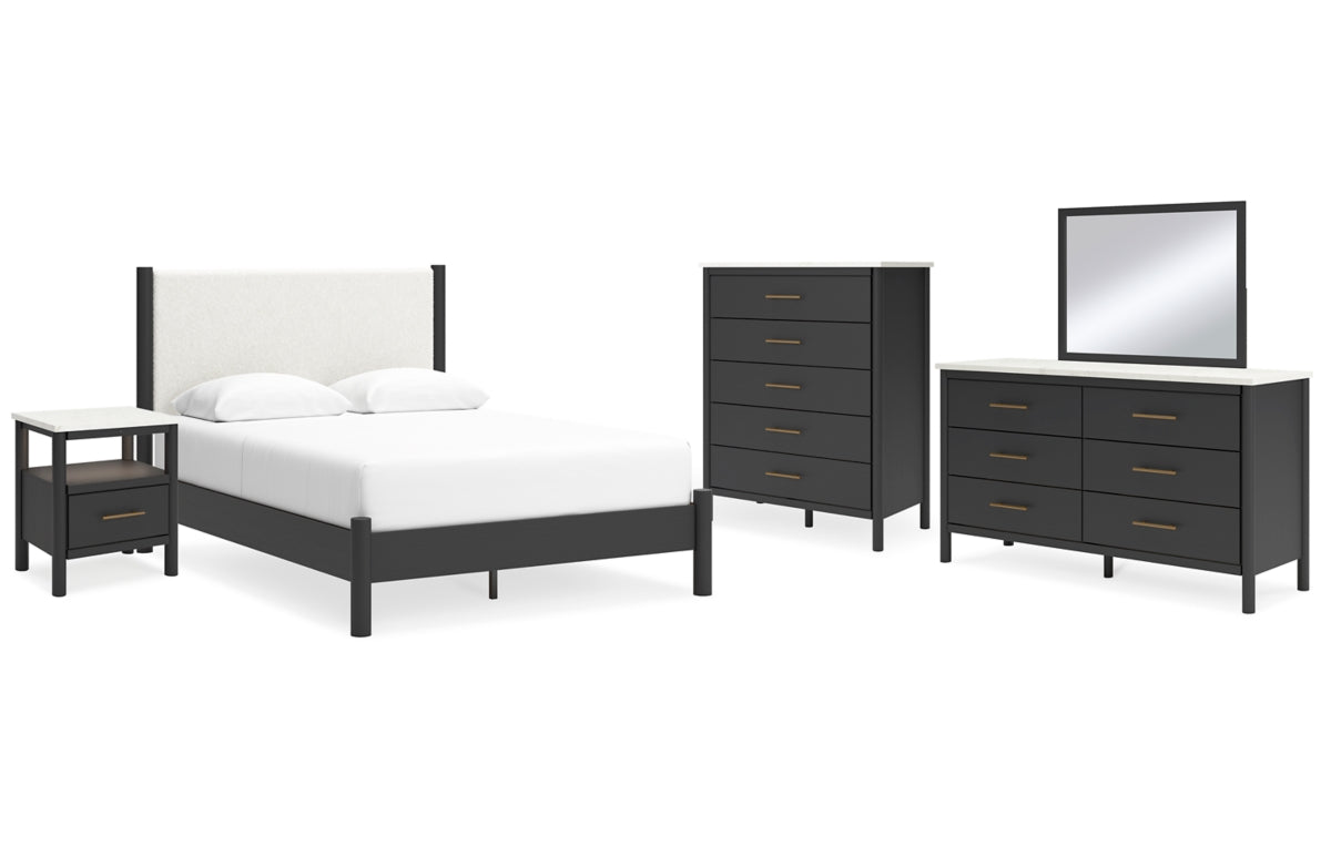Cadmori Queen Upholstered Panel Bed with Mirrored Dresser, Chest and Nightstand