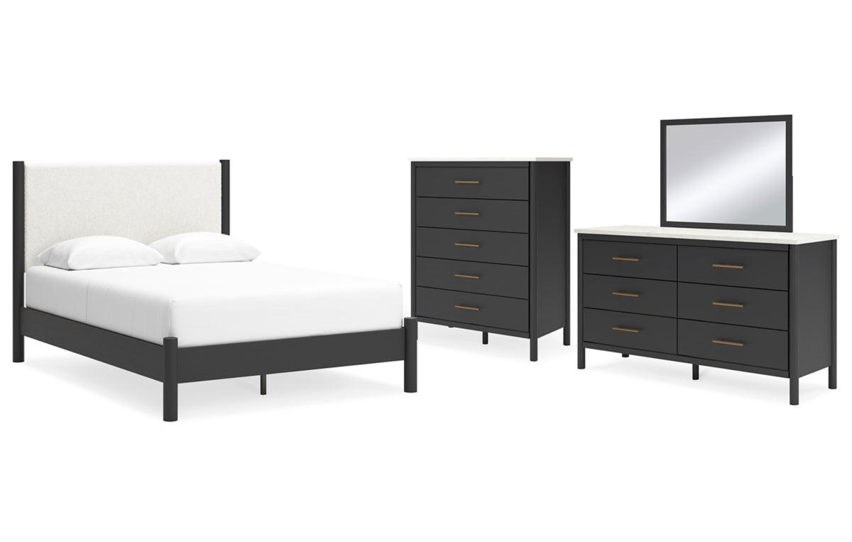 Cadmori Queen Upholstered Panel Bed with Mirrored Dresser and Chest