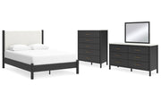 Cadmori Queen Upholstered Panel Bed with Mirrored Dresser and Chest