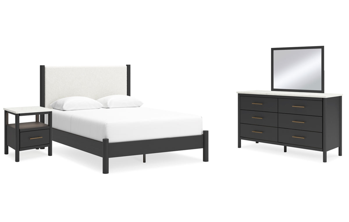 Cadmori Queen Upholstered Panel Bed with Mirrored Dresser and Nightstand