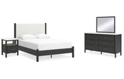 Cadmori Queen Upholstered Panel Bed with Mirrored Dresser and Nightstand