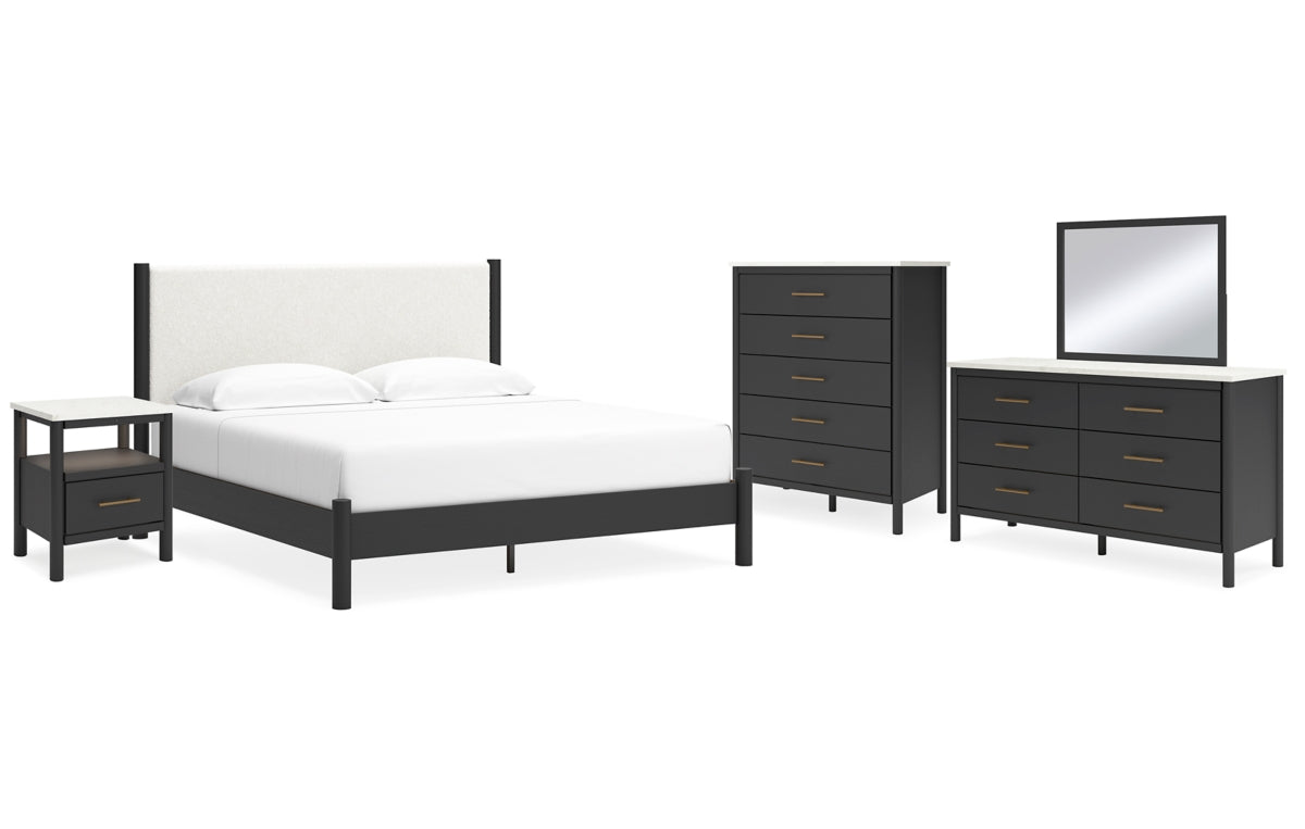 Cadmori King Upholstered Panel Bed with Mirrored Dresser, Chest and Nightstand