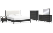 Cadmori King Upholstered Panel Bed with Mirrored Dresser, Chest and Nightstand