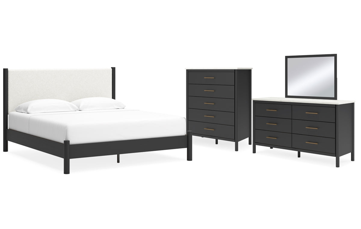 Cadmori King Upholstered Panel Bed with Mirrored Dresser and Chest